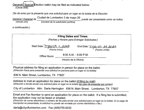 Special Election – Notice of Deadline to file an App for Place on Ballot